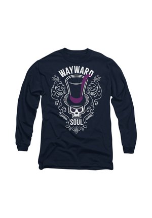 Navy long-sleeve shirt featuring a central skull design with a purple top hat, surrounded by white flame and floral accents, and "WAYWARD SOUL" text.