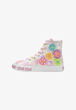 Sneaker alta con lacci rosa pastello e fiori ricamati colorati su una tomaia traslucida e suola bianca con scritta rosa.