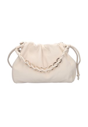 Soft beige clutch bag with gathered top, decorative twisted strap intertwined with gold rings, and a thin handle on the side.