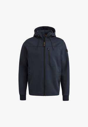 Dunkelblaue Zip-Hoodie mit Kapuze, ausgestattet mit einer Fronttasche mit Reißverschluss, Kordelzügen und gerippten Bündchen für zusätzlichen Komfort. Weicher Stoff mit angenehmer Textur.