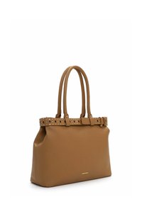 Pruun nahast kandekott kahe sangaga, naeltega vöödetaili ja struktureeritud kujuga. Sile tekstuur peene läikega. Kuldsete aktsentidega.