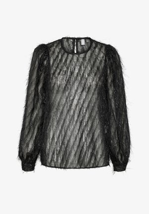 Blusa negra de manga larga transparente con material texturizado y plumas; cuenta con un cuello redondo y puños elásticos; hilos metálicos sutiles a lo largo.
