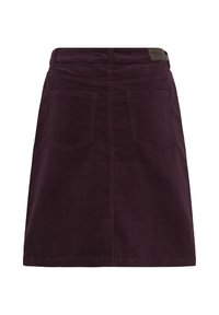 Jupe en velours côtelé violet foncé avec deux poches arrière et une ceinture avec passants, vue de dos.