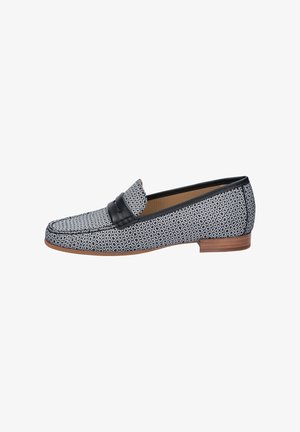 Heren instapper loafer met zwart-wit ruitpatroon, zwarte afwerking en lage bruine houten hak.