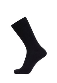Black crew sock made of smooth fabric; features a ribbed cuff, seamless toe, and a form-fitting shape. Suitable for everyday wear.