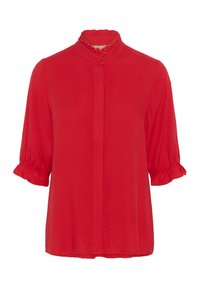 Blusa rossa a maniche corte con colletto e polsini arricciati, dotata di chiusura con bottoni e tessuto liscio. Design semplice e classico.