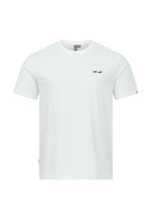 Weißes T-Shirt mit kurzen Ärmeln, kleinem roten und schwarzen Rennwagen-Logo auf der linken Brust und rundem Ausschnitt.