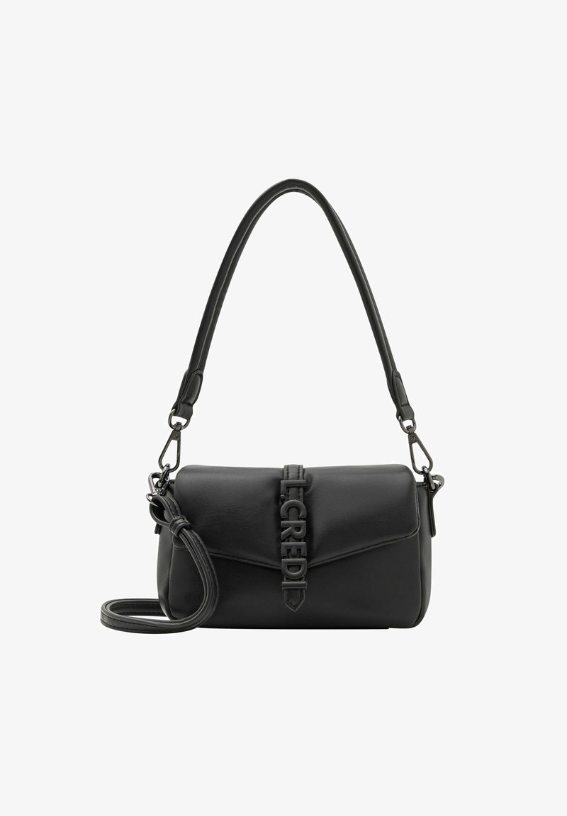 Sac à main en cuir noir avec un rabat, mettant en avant un accent logo chunky, une bandoulière amovible et une texture lisse.