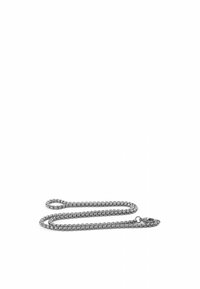 Catena in metallo argentato con anelli interconnessi, caratterizzata da una superficie liscia e da un gancio sicuro a un'estremità. La lunghezza consente un utilizzo versatile.