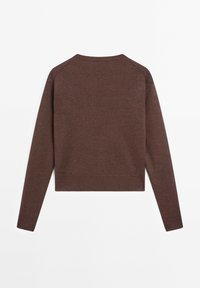 Pull en tricot marron avec manches longues, design court, et poignets et ourlet côtelés. Texture lisse sans motifs ni accents visibles.