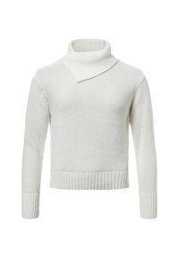 Weißer gestrickter Pullover mit hohem, umgeschlagenem Kragen, strukturierter Stoff, eng anliegende Bündchen und geripptem Saum. Besitzt einen einzigartigen asymmetrischen Ausschnitt.