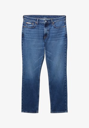 Μπλε τζιν με ίσια γραμμή, κλασικό σχέδιο με πέντε τσέπες, κούμπωμα με κουμπί και φερμουάρ, και ετικέτα Calvin Klein στην δεξιά μπροστινή τσέπη.