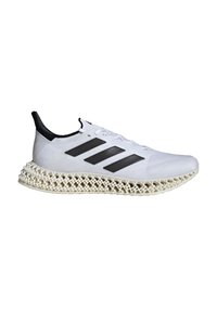 Scarpa atletica bianca con una tomaia testurizzata, logo a tre strisce nere e una caratteristica intersuola a reticolo. Presenta un collare del tallone nero.