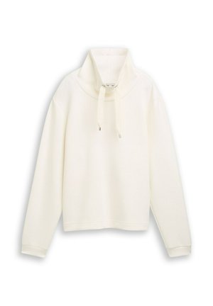 Losse, crèmekleurige sweatshirt met een hoge kraag, koordjes, geribbelde textuur en lange mouwen. Eenvoudig ontwerp met minimale accenten.