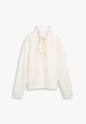 Luftiger, cremefarbener Sweater mit hohem Kragen, Kordelzug, geripptem Textur und langen Ärmeln. Einfaches Design mit minimalen Akzenten.