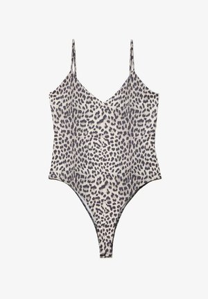 Maillot de bain une pièce à imprimé léopard avec bretelles fines réglables, décolleté en V, jambes hautes et texture de tissu lisse et extensible.