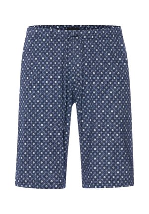 Granatowe męskie spodenki z geometrycznym wzorem w białe i jasnoniebieskie kwadraty oraz elastycznym paskiem w talii z sznurkiem do wiązania.