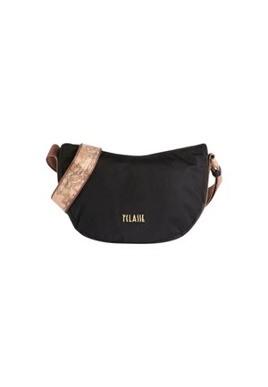 Sac bandoulière noir en forme de croissant avec une sangle réglable beige à motif de carte et un logo doré "TCLASSE" sur le devant.