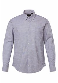 Camicia a maniche lunghe a righe blu e bianche, colletto, taschino frontale, tessuto di cotone liscio, vestibilità classica.