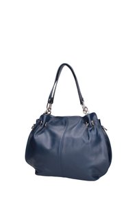 Sac à main en cuir bleu foncé avec doubles anses d'épaule et ferrures métalliques argentées sur fond blanc.