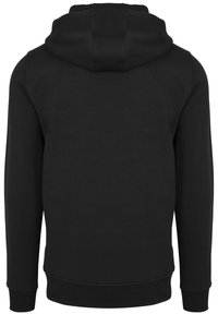 Black hoodie with a drawstring hood, long sleeves, and ribbed cuffs. Smooth texture with no visible patterns or hardware. Back view.