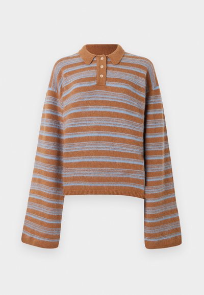 Καφέ και ανοιχτό μπλε λεπτομέρειες οριζόντιες ρίγες σε πλεκτό πουλόβερ με μακριά μανίκια, γιακά και πλάκα με τρία κουμπιά, παρουσιάζεται επίπεδο σε λευκό φόντο.