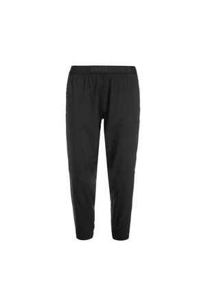 Pantaloni sportivi neri con vita in elastico, design affusolato, texture liscia e dettaglio del logo sulla vita e sul lato.