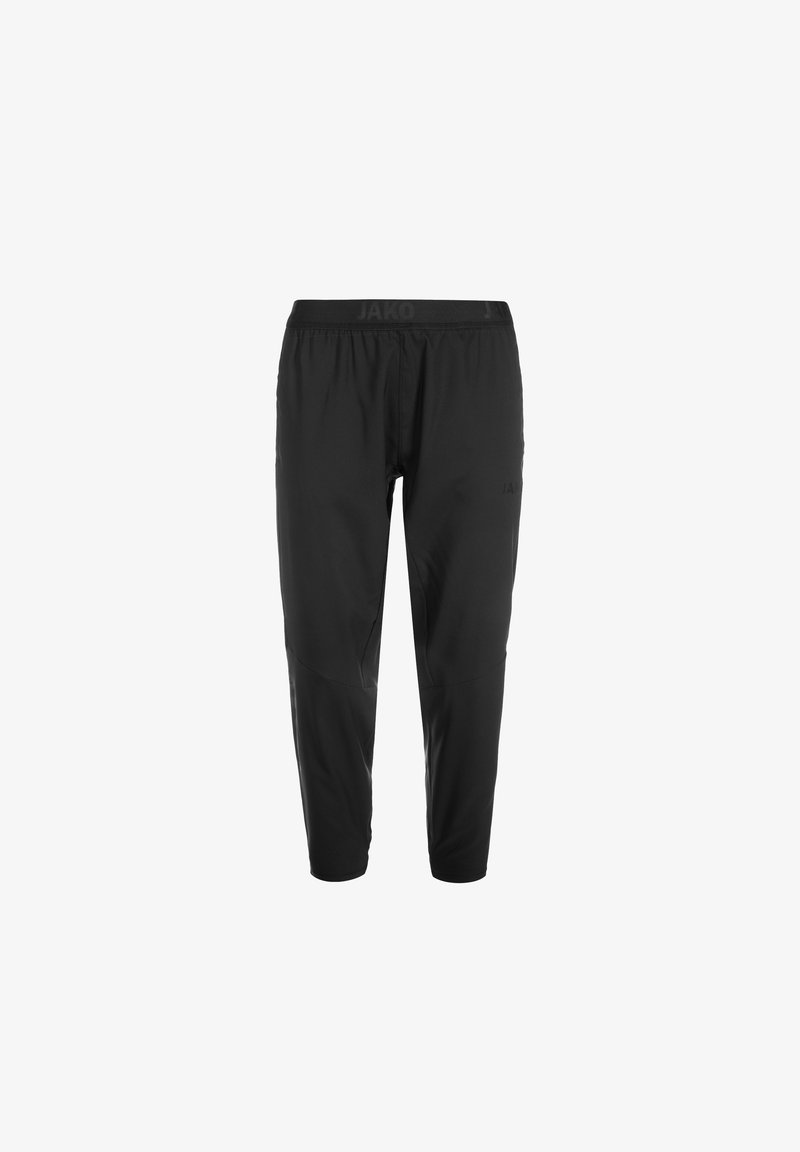 Schwarze Sporthose mit elastischem Bund, tailliertem Schnitt, glatter Textur und Logodetail am Bund und an der Seite.