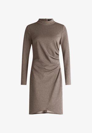 Taupe long-sleeve dress with mock neck, subtle shimmer, side ruching, and asymmetrical overlay skirt hem.