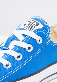 Blå tygsneakers med vita snörningar, metallöglor och gummisula. Har en svart och vit logotyp patch på tungan.