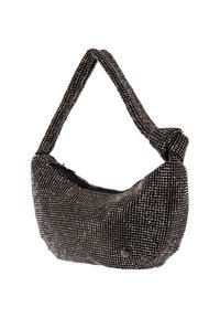 Borsa a spalla nera con forma curva, superficie texture e manico annodato. Include una chiusura con zip e un piccolo dettaglio con logo.