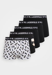 Penki vyriškų bokserų poros, įvairūs: vieni juodos spalvos, kiti su veidų iliustracijomis, elastinga juosmens juosta su logotipu.