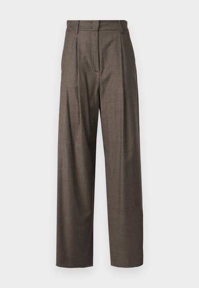 Brown checkered trousers made from a textured fabric, featuring a high waist, pleats, and wide leg design.