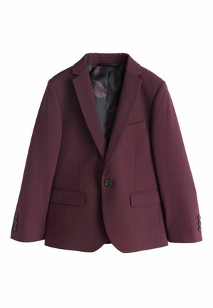 Burgundy single-button blazer with notch lapels, two front flap pockets, breast pocket, and buttoned cuffs, shown on white background.