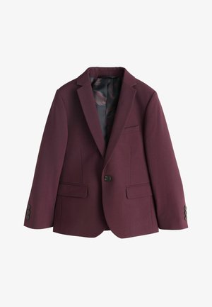 Blazer bordeaux a un solo bottone con rever a incavo, due tasche frontali con pattina, taschino sul petto e polsini con bottoni, mostrato su sfondo bianco.