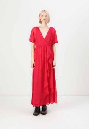 Maxi dress in bright pink, made of lightweight fabric. Features a deep V-neck, short flutter sleeves, and a cascading ruffle detail.