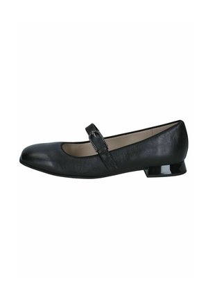Chaussure Mary Jane en cuir noir avec bout arrondi, petit talon bloc et bride réglable avec boucle sur le côté.