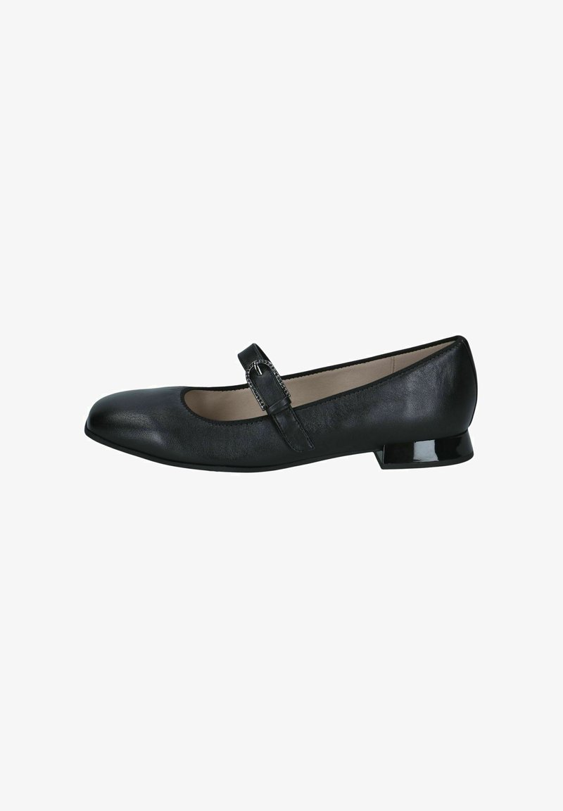 Chaussure Mary Jane en cuir noir avec bout arrondi, petit talon bloc et bride réglable avec boucle sur le côté.
