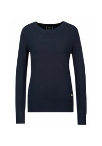 Navyblauer Strickpullover mit rundem Ausschnitt, langen Ärmeln, gerippten Bündchen und Saum, ausgestattet mit einem kleinen goldenen Logo-Akzent auf der unteren linken Seite.