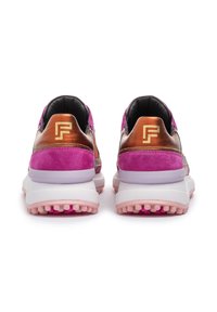 Pink suede and glossy copper sneakers with white soles and textured pink treading; features a gold "F" logo on the back.
