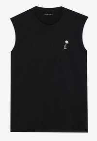 T-shirt sans manches en coton noir avec un col rond et un petit logo de palmier blanc sur la poitrine gauche. Texture douce, coupe régulière.
