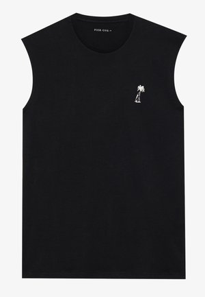 Schwarzes Baumwoll-Sleeveless-T-Shirt mit Rundhalsausschnitt und kleinem weißen Palmenlogo auf der linken Brustseite. Weiche Textur, reguläre Passform.