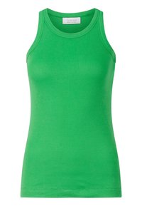Grøn ribbet tanktop med en tætsiddende form, rund halsudskæring og brede skulderstropper. Lavet af letvægts, strækbart materiale.