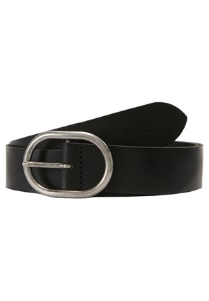 Black leather belt with rounded silver metal buckle, rolled up with visible stitching near the buckle.