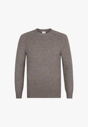 Grey knitted sweater, crew neck, long sleeves, soft texture, regular fit, no visible patterns or hardware. Smooth and simple design.