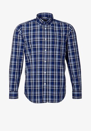 Camisa abotonada con un patrón de cuadros en azul y blanco. Hecha de tela con una textura suave. Incluye cuello y bolsillo delantero.