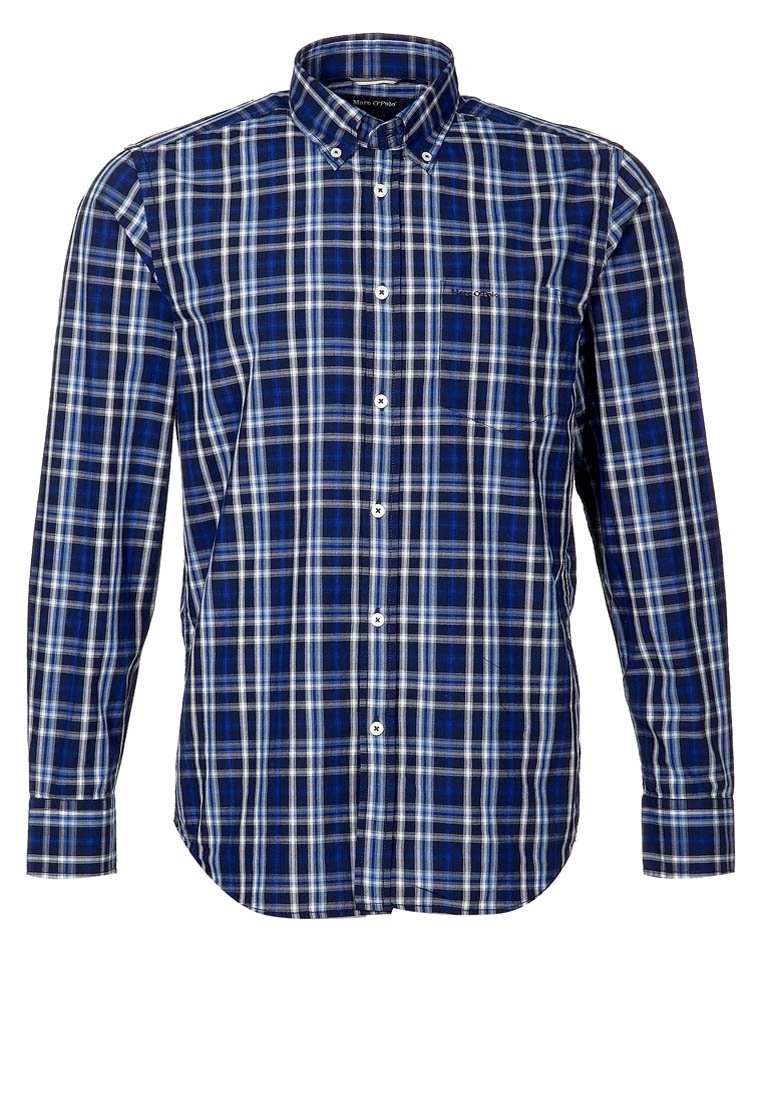 Camicia con bottoni caratterizzata da un motivo a quadri blu e bianco. Realizzata con un tessuto dalla texture liscia. Dotata di colletto e taschino anteriore.