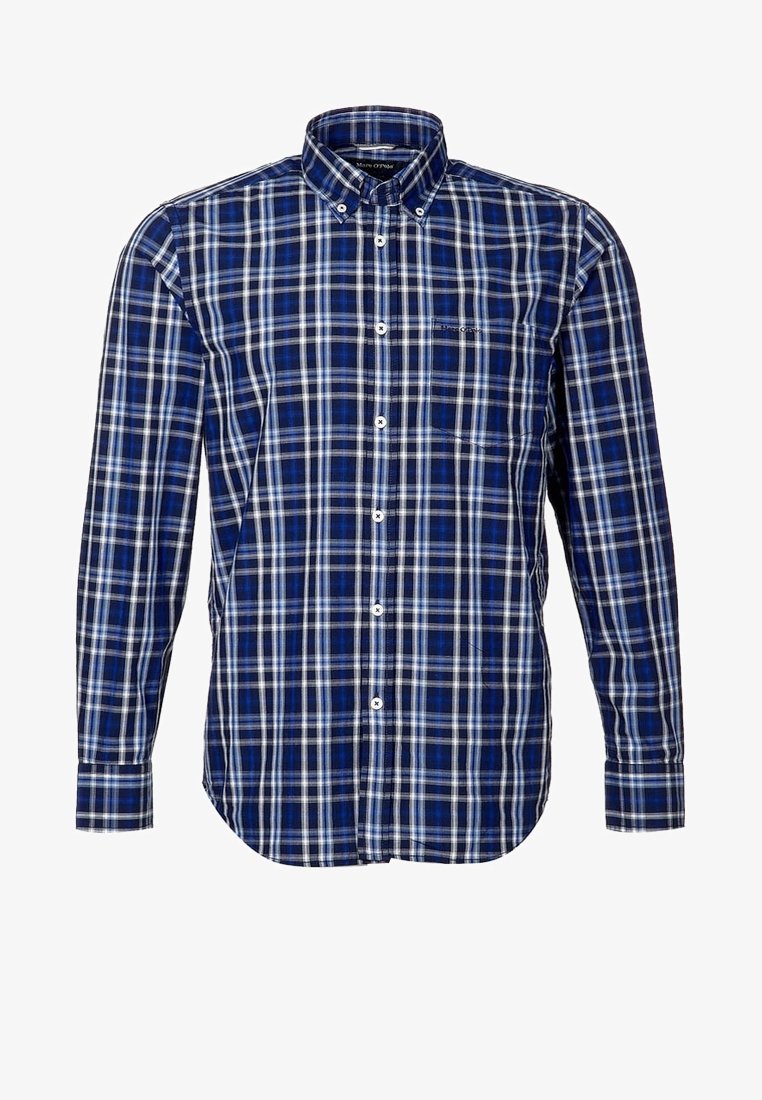 Camicia con bottoni caratterizzata da un motivo a quadri blu e bianco. Realizzata con un tessuto dalla texture liscia. Dotata di colletto e taschino anteriore.