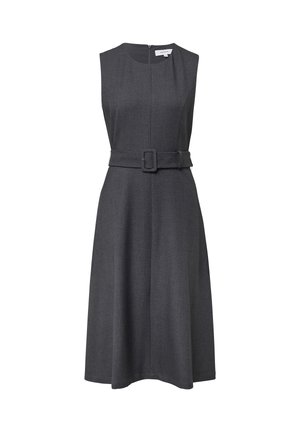 Sleeveless gray dress made of textured fabric, featuring a fitted bodice, belted waist, and a knee-length flared skirt. Zipper closure at back.