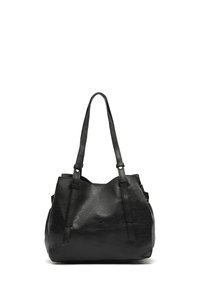 Sac fourre-tout en cuir noir avec une finition texturée, deux poignées pour les épaules et de simples accents en métal. Design spacieux pour un usage quotidien.